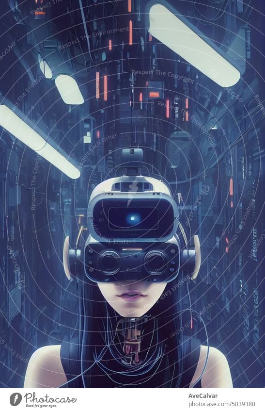 Cyborg Mädchen mit Virtual-Reality-Headset, viele Kabel, Schläuche, Schrauben, Schlitze, Sonden, AI Generated Art Person cyber Zukunft futuristisch Spieler