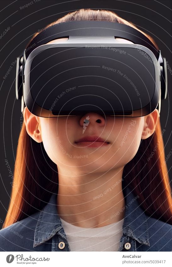 Junge Frau mit VR-Headset, Studio-Porträt, kinematisches Licht. modernes Leben, Technik & Technologie Entertainment Schutzbrille horizontal im Innenbereich