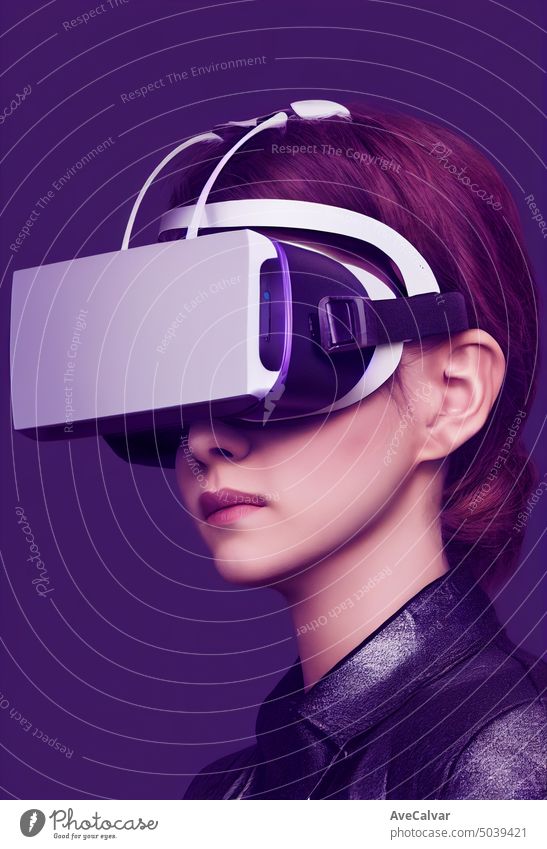 Junge Frau mit VR-Headset, Studio-Porträt, kinematisches Licht. modernes Leben, Technik & Technologie Entertainment Schutzbrille horizontal im Innenbereich