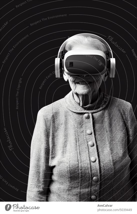 Alte Frau Großmutter trägt VR-Headset, Studio-Porträt, kinematisches Licht Ruhestand Person Technik & Technologie bequem futuristisch online Senior virtuell