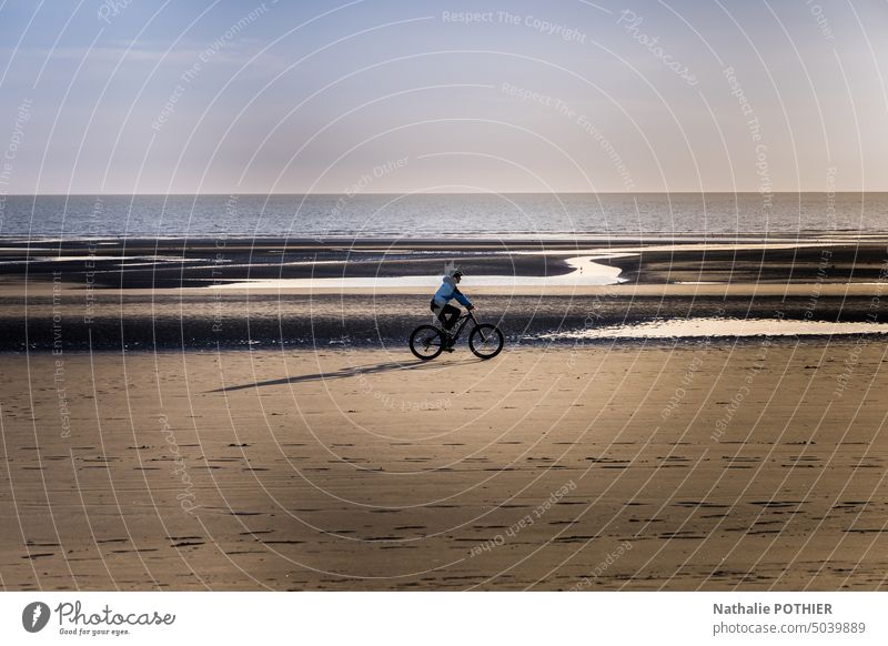 Fahrradfahrende Person am Strand in den Abendstunden MEER Meer Sand Promenade Nacht Wasser Nordsee Küste Ferien & Urlaub & Reisen Nordseeküste Landschaft