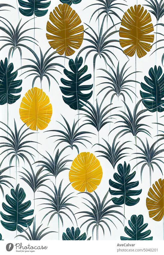Tropische florale bunte Muster, grüne Blätter mit Details, Kopie Raum Mockup Grafik u. Illustration Kunstwerk Brasilien Kalifornien modisch feminin Hawaii