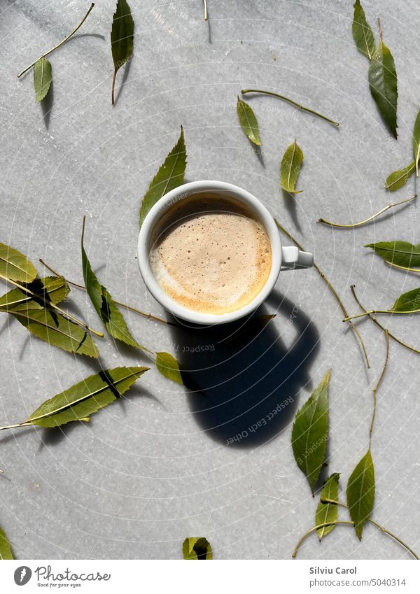 Nahaufnahme von Espresso-Kaffeetasse von oben gesehen mit gefallenen Blättern auf Herbst Marmor Tisch Konzept heiß Morgen gelb legen kreativ Schreibstift