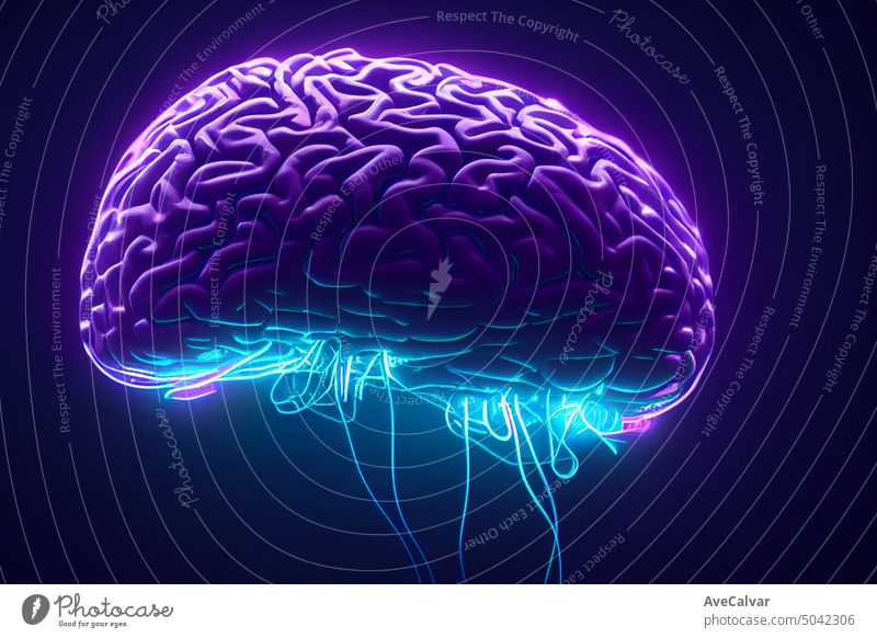 Detaillierte Illustration einer Gehirnsynapse aus der Nähe, Neonlicht, blaue und lila Farben, medizinisches Konzept. menschlich Idee Wissenschaft Anatomie