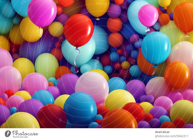Wallpaper Hintergrund eines Geburtstags bunte Luftballons, Konfetti und Geburtstagsfeier Hüte Zusammensetzung. Party und Feier Konzept Jahrestag Farbe festlich