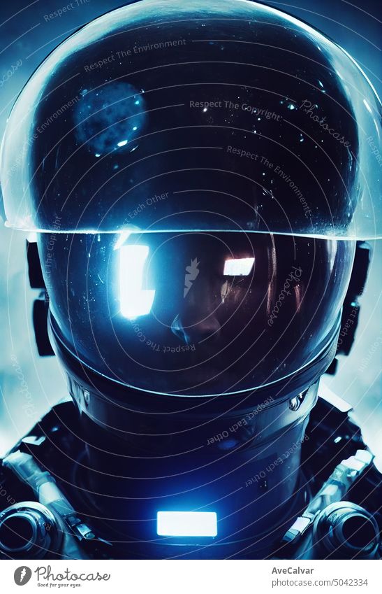 Epische Aktion Film Porträt Dark Futuristic Astronaut mit durchscheinenden Blase auf head.AI Generated Art Belletristik Stern filmisch Phantasie futuristisch