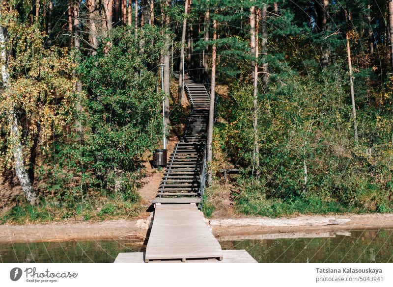 Holztreppe, die zu einem Holzsteg am See Baltieji Lakajai im Regionalpark Labanoras, Litauen, hinunterführt Herbst Landschaft Treppe Weg Fußweg