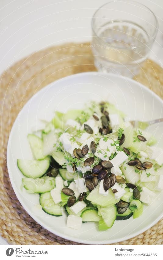 Gurkensalat mit Kresse und Feta Salat gesund Nahrung Ernährung Lebensmittel