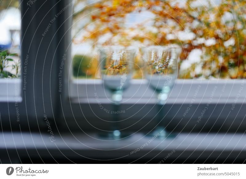 Zwei Weingläser vor dem Fenster wirken wie Linsen, in denen sich ein Blick auf das Herbstlaub bündelt Gläser Laub Fensterrahmen still beschaulich Unschärfe