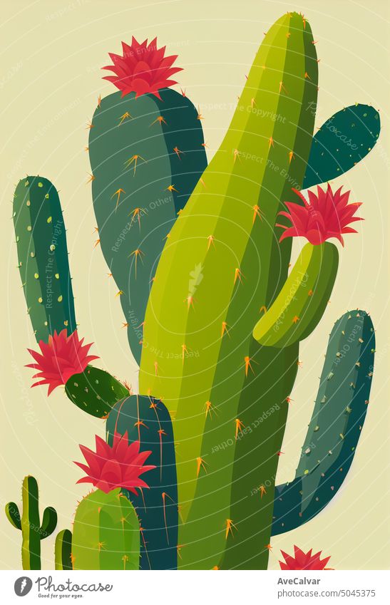 Illustration von Kaktus. Cartoon Flache Farben, Vektor-Stil Bild, Kopie Raum modernen Boho-Stil Grafik u. Illustration botanisch Karikatur Element vereinzelt