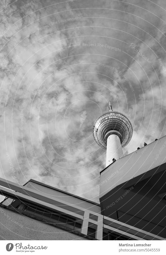 Fernsehturm in Berlin Schwarzweißfoto Strukturen & Formen Kraft hochhinaus Freiraum Freiraum oben Stahl Beton glänzend Himmel Textfreiraum oben Sehenswürdigkeit