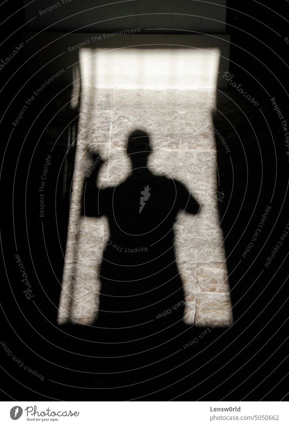 Schatten einer winkenden Person in einem Türrahmen schwarz Konzept dunkel Rahmen Licht Mann Raum Silhouette Sonnenlicht
