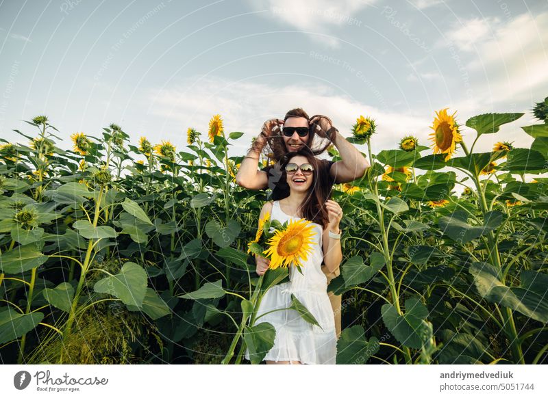 Schönes Paar in Sonnenbrillen, das sich in einem Sonnenblumenfeld amüsiert. Ein Mann und eine Frau in der Liebe Spaziergang in einem Feld mit Sonnenblumen, ein Mann umarmt eine Frau. selektiven Fokus