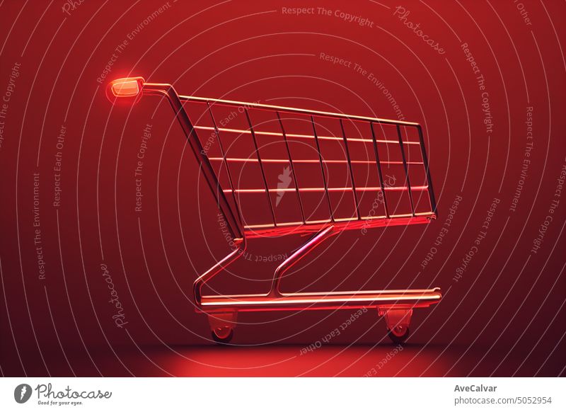 Kleine rote 3D-Einkaufswagen auf einem roten Hintergrund, Schicht Neigung, Studio Bild, Black Friday Konzept, Shopping-Deal-Konzept, jetzt kaufen, Verkauf.