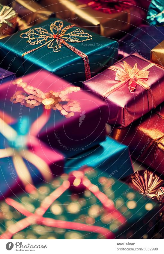 Haufen von schön verpackt Weihnachtsgeschenke, bunt, magisch.Christmas concept.A Huge Haufen von Weihnachtsgeschenken. Black friday, cyber sunday, Verkauf Konzept.