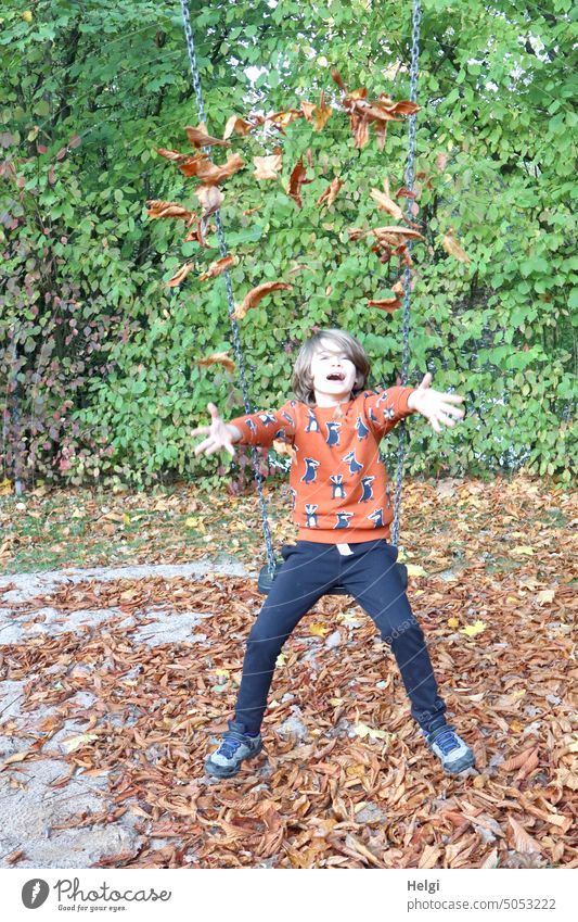 Herbstspaß - Junge sitzt in einer Schaukel und wirft vertrocknete Blätter in die Höhe Kind Mensch Porträt Laub Herbstlaub werfen Spaß Freude sitzen herbstlich