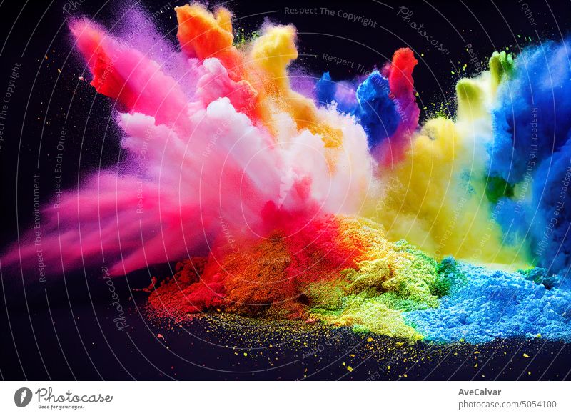 Multicolor-Spritzer von Partikeln. Fest der Farben. Pulverspritzer isoliert auf Hintergrund. Farbspritzer, Spritzer und Wolken. Texturierte Kreide explodiert in einer Büste von Energie Tapete.