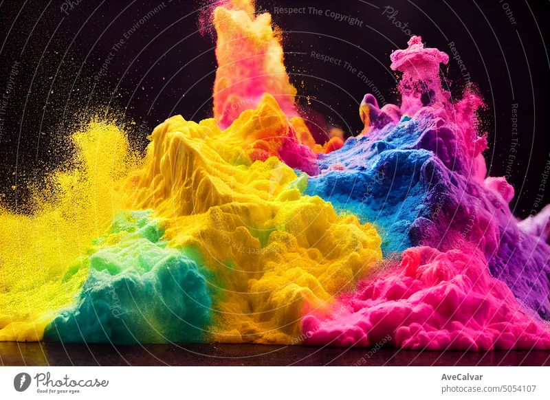Multicolor-Spritzer von Partikeln. Fest der Farben. Pulverspritzer isoliert auf Hintergrund. Farbspritzer, Spritzer und Wolken. Texturierte Kreide explodiert in einer Büste von Energie Tapete.