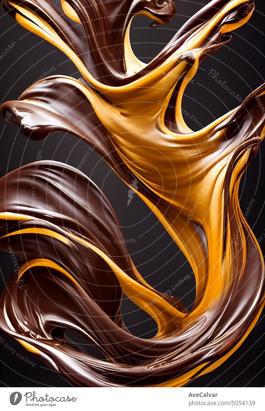 Flüssige Schokolade, die sich bewegt, Schokolade, die sich zu kleinen, schönen Pralinen und Schokoladenspritzern formt, flüssig, rauchig, keine Schwerkraft, zusammenschwebend, spielerische Mischung, dynamische Bewegung, reiche Struktur. Lebensmittel