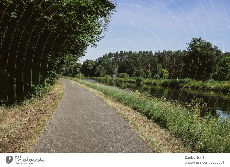 Radweg entlang eines Kanals in Brandenburg im Spätsommer radfahren Fahrrad fahren Kurve Asphalt Sommer Büsche Bäume Ufer fahrradweg