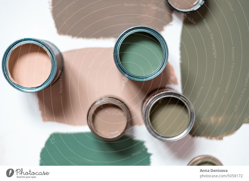Auswahl der Wandfarben Dose Farbe Bürste Töpfe Probe auserwählend Renovierung Probengefäße grün Moos Basilikum Pastell beklebt liquide Büchse Eimer heimwärts
