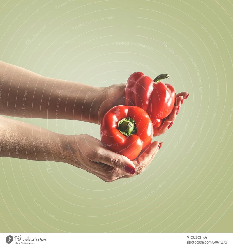 Frauenhände halten rote Paprika auf grünem Hintergrund. Beteiligung Hand Nahaufnahme Vitamin Objekt Gesundheit Gemüse Vegetarier organisch Lebensmittel