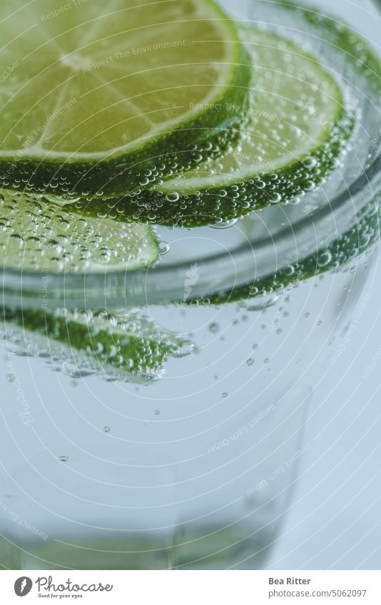 Sprudelnde Limettenscheiben  in  Wasserglas Frische Frucht Erfrischend Lebensmittel Sommer Glas Getränk Zitrusfrüchte trinken Sommerzeit Limonade selbstgemacht