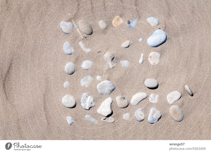 Quadrat mit kleinem Fehler - 37 Steine und ein Hölzchen liegen im Ostseesand Ostseestrand Steinesammlung angeordnet quadratisch Natur Strand Küste Außenaufnahme