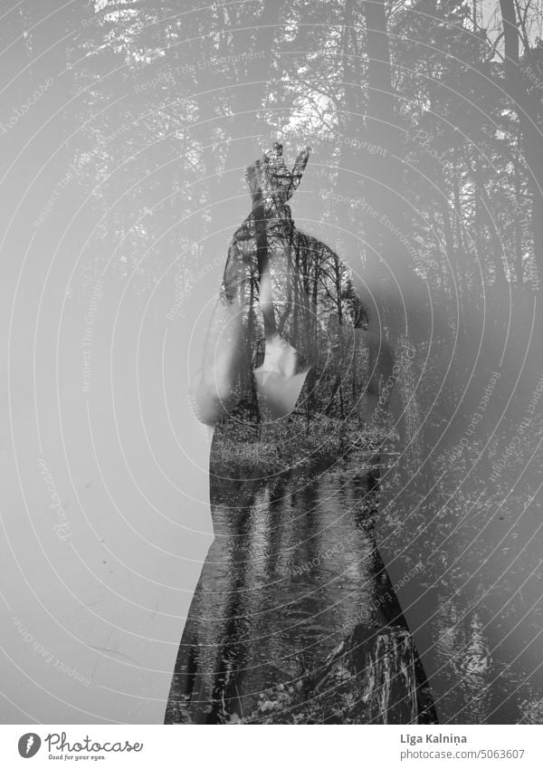 Doppelbelichtung von Frau und Sturz Silhouette abstrakt Sinnestäuschung Reaktionen u. Effekte Experiment Surrealismus Strukturen & Formen Phantasie Mensch