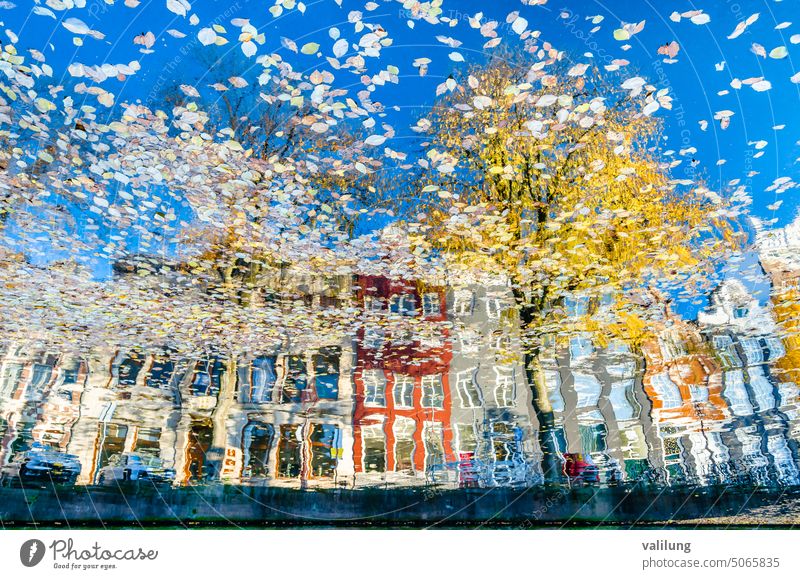 Bunte Spiegelung der Gebäude entlang der Gracht in Amsterdam im Herbst holländisch Europa Niederlande Architektur Kanal Großstadt Farbe farbenfroh