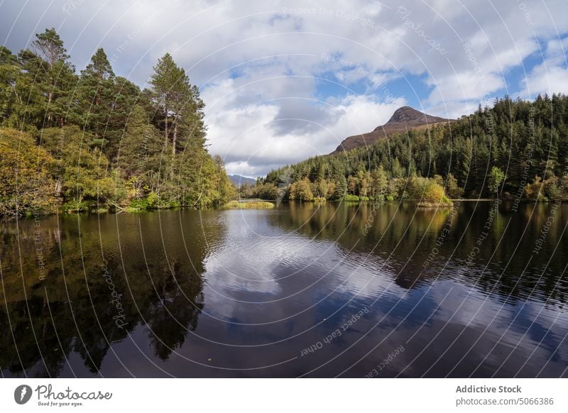 See inmitten von Bäumen in der Natur Baum Wald üppig (Wuchs) Berge u. Gebirge Landschaft Wasser strömen malerisch Schottland Glencoe-Lochan Fluss Teich