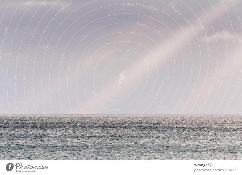 Sonnenstrahlen am sonst grauen Himmel über dem Meer grauer Himmel Ostsee Wasser Außenaufnahme Farbfoto Menschenleer Natur Tag Horizont Ferne Wellen Weite Ruhe