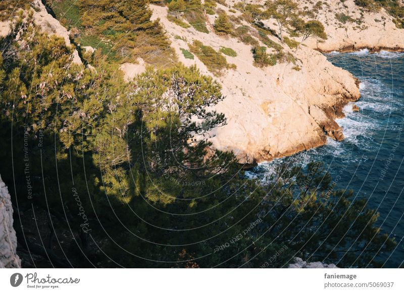 Schattenwanderer Person Mittelmeer Calanque bucht Küste Kalkgestein Kalkfelsen Felsen Schattenspiel Kiefern Wald Wärme Provence südfrankreich Provenzalisch