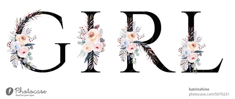 Wort GIRL, schwarze Buchstaben mit Aquarell Pastell Winter Blumen und Blätter, Baby-Dusche Illustration Babyparty botanisch Dekoration & Verzierung Laubwerk