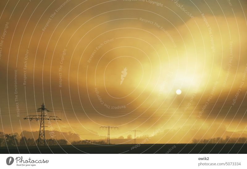 Nebelgeschwader Landschaft Horizont Über-Land-Leitung Stromversorgung Kabel Weite Stromtransport Technik & Technologie Elektrizität Strommast Himmel Sonnenlicht