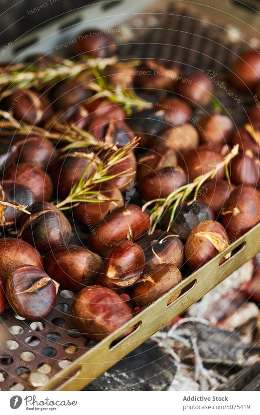 Leckere Kastanien auf einem Metalltablett Nut Blätter Herbst Tablett Wald Haufen Saison essbar geschmackvoll natürlich frisch Ernährung lecker organisch