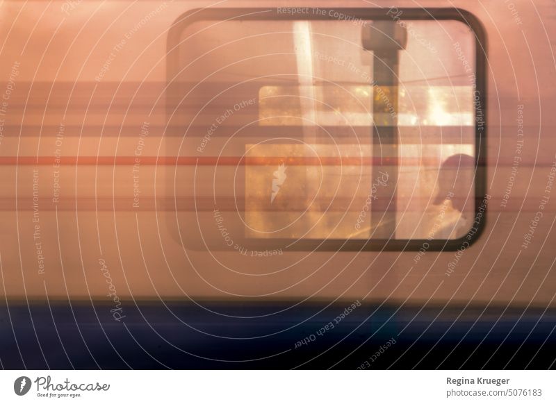 Silhouette eines Kopfes mit Käppi im Fenster eines fahrenden Zuges Bahn Bahnfahren Schienenverkehr Verkehrsmittel Öffentlicher Personennahverkehr S-Bahn