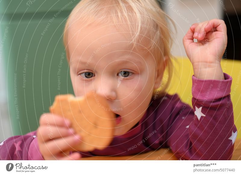 Kleinkind mit Zwieback Kind Mädchen Essen Keks blond Ernährung Snack überrascht erstaunt neugierig lecker gesund ungesund staunen Nahrungsmittel