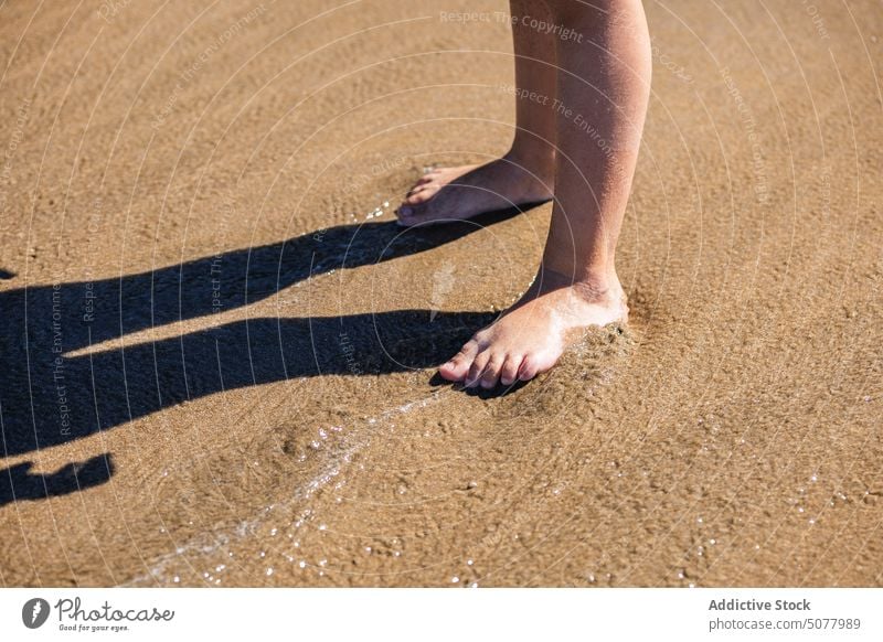 Crop-Beine einer anonymen Person auf nassem Sand Strand Wasser Schatten Sonne Ufer Barfuß Resort Küste Sonnenlicht idyllisch Urlaub Meer MEER Fluss See Natur