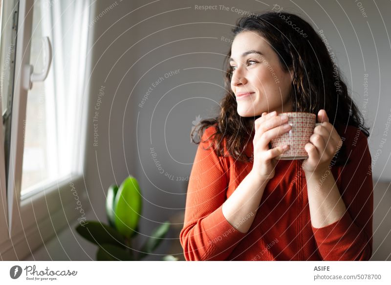 Junge glückliche schöne Frau hält eine Tasse heißes Getränk und schaut durch das Fenster heimwärts Kaffee Tee Glück Lächeln Beteiligung trinken Wegsehen