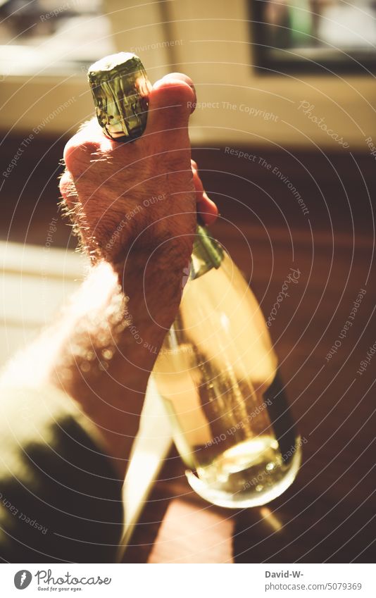 Zum Alkohol greifen Hand Sekt Alkoholismus Sucht Alkoholsucht Abhängigkeit Flasche Rauschmittel trinken anonym