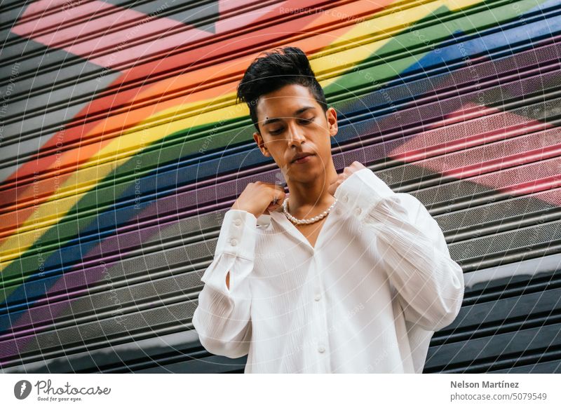 Hispanischer Mann auf einem LGTB-Flaggenhintergrund grün Pastell hispanisch Latein schwul Lifestyle schön Model jung trendy junge Männer stylisch männlich