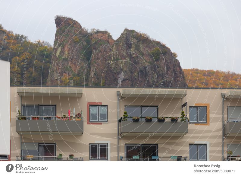 Der Rotenfels - Betonbau vor Naturfels Felswand Landschaft Außenaufnahme Mehrfamilienhaus bemalt Farbfoto Menschenleer Rheinland-Pfalz Balkone Freizeit Wandern