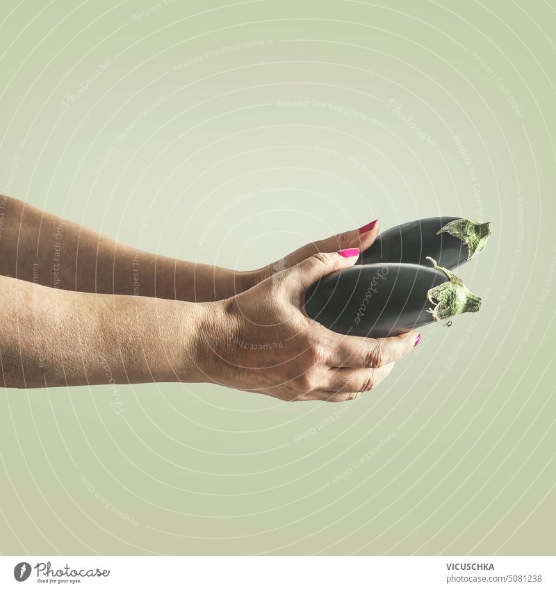 Frauen halten Auberginen in der Hand, Vorderansicht Beteiligung Objekt Ackerbau Ernte grün roh Pflanze Gemüse Vegetarier Bestandteil Lebensmittel Gesundheit