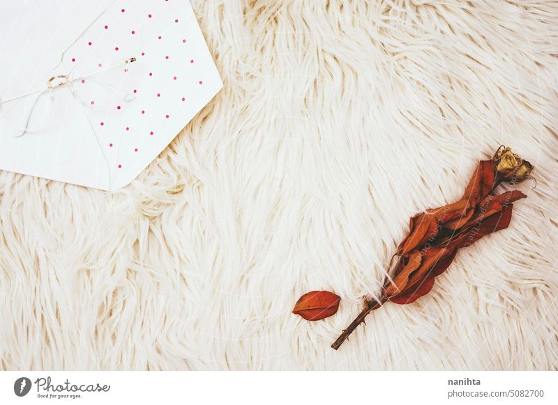 Hintergrund einer getrockneten Rose über einem weichen Teppich in der Nähe eines alten Briefumschlags Textur romantisch fallen Roséwein Blume Kuvert gemütlich