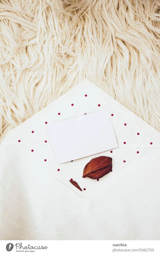 Romantisches und gemütliches Bild eines getrockneten Blattes in einem Retro-Umschlag Hintergrund Attrappe Kuvert Herbst Textur Papier organisch fallen weich