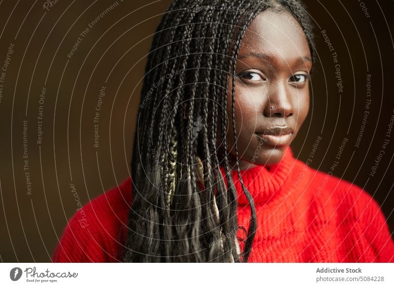Ruhige schwarze Frau schaut in die Kamera Model Porträt Afro-Zöpfe Vorschein Persönlichkeit Atelier brauner Hintergrund Menschliches Gesicht Windstille Dame
