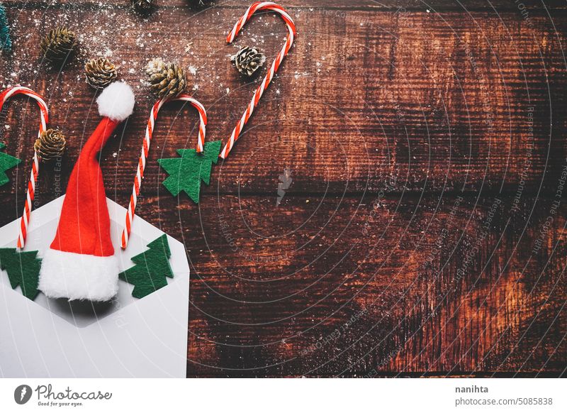 Klassische und traditionelle flache legen Hintergrund von Weihnachten Thema flache Verlegung Flachlegung Holz hölzern Textur Muster klassisch Vorabend Feiertage
