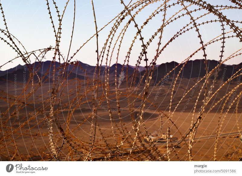 Israel,  Negev, Stacheldraht - Grenze Wüste Stacheldrahtzaun Sicherheit bedrohlich Barriere gefährlich Draht Freiheit Menschenleer Gefangenschaft Außenaufnahme