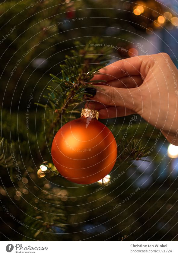Den Weihnachtsbaum schmücken Christbaumschmuck Hand orange Christbaumkugel Weihnachtsdekoration Baumschmuck Weihnachten & Advent Kugel glänzend Tradition